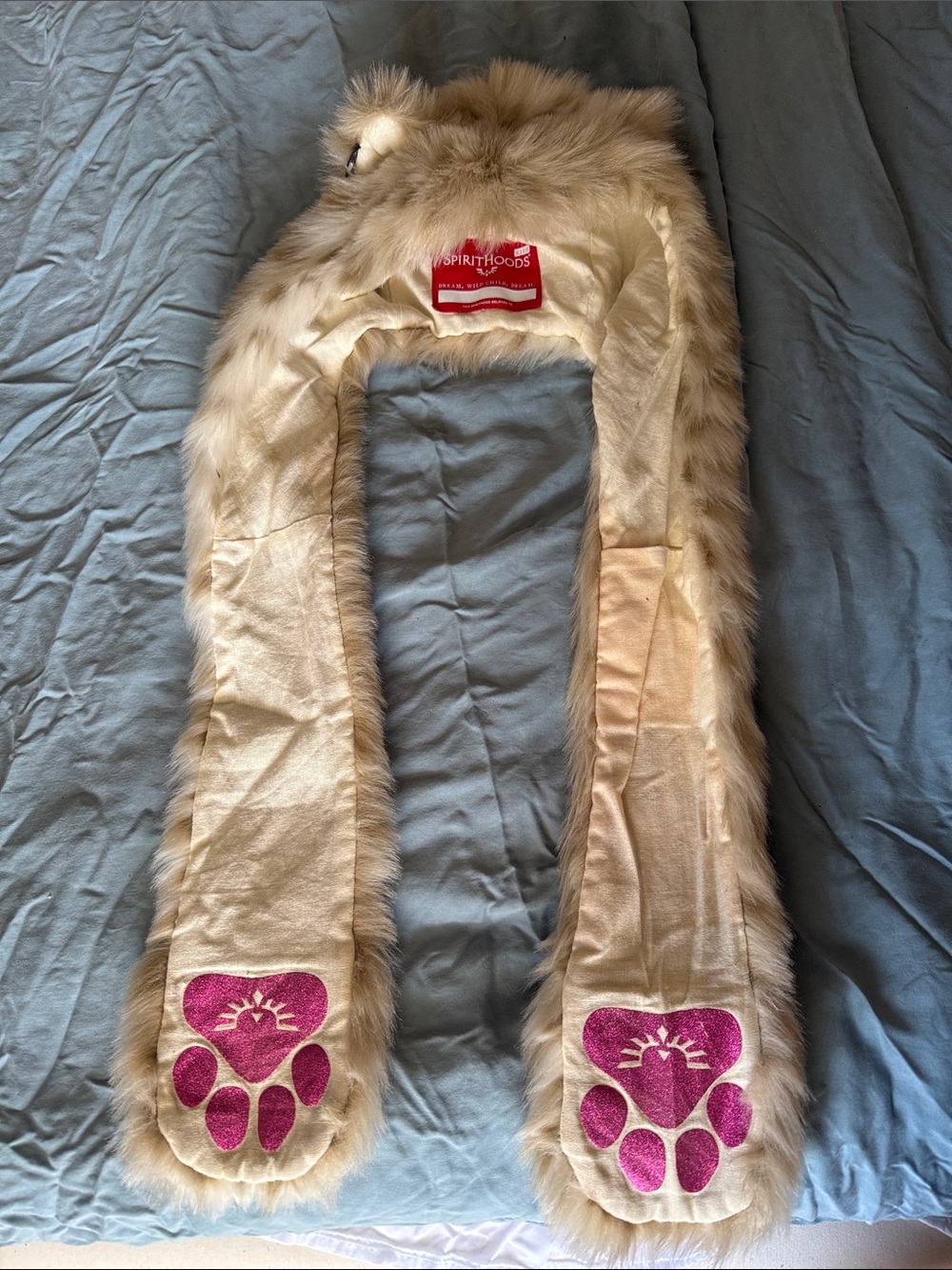 SpiritHoods Kids Cream Faux Fur Scarf Hoodie with Pink Paw Accents